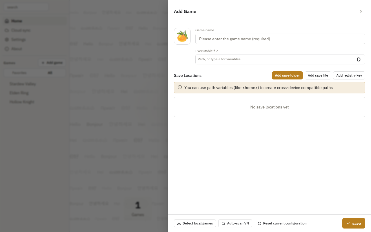 Game name, executable, and save locations in the Add Game panel