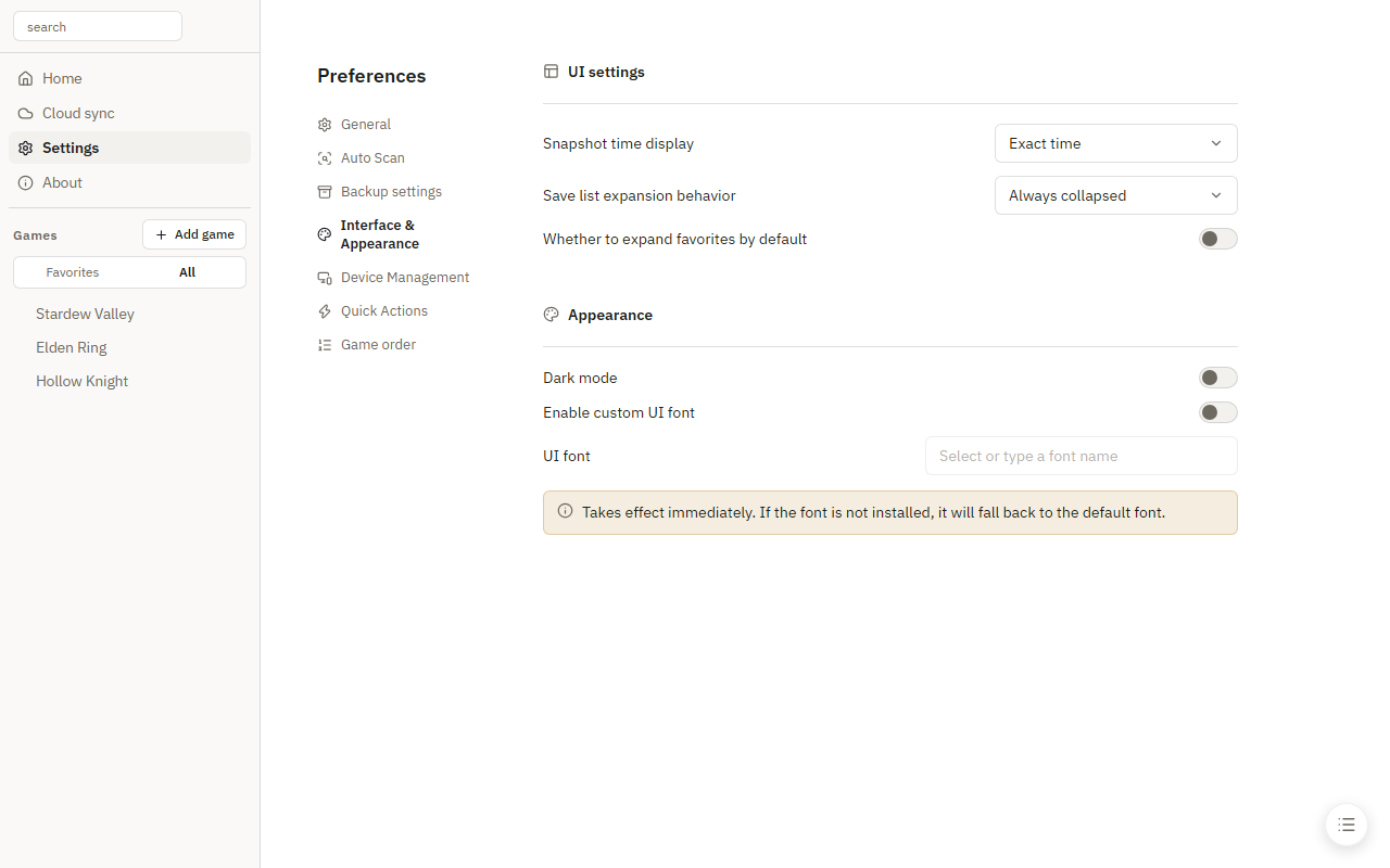 Interface and appearance settings
