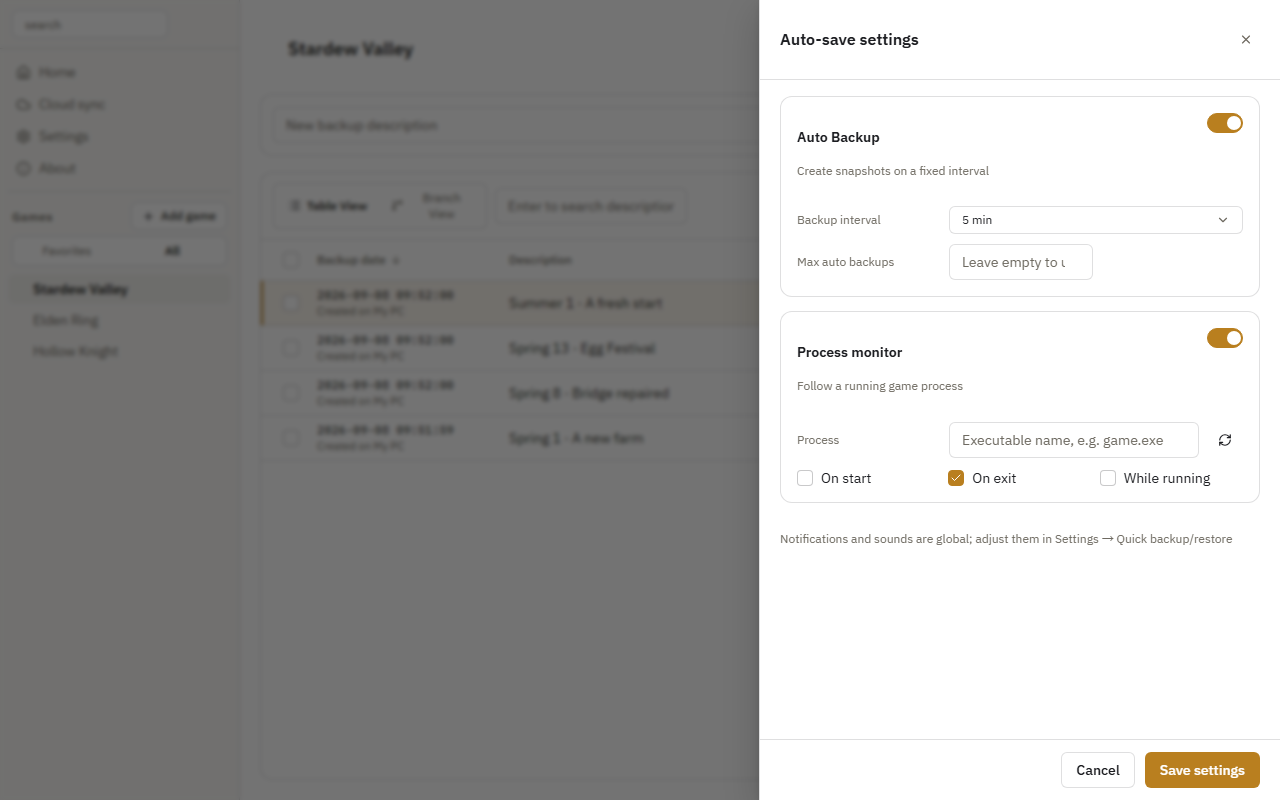Timed backups and process monitoring in Auto-save settings