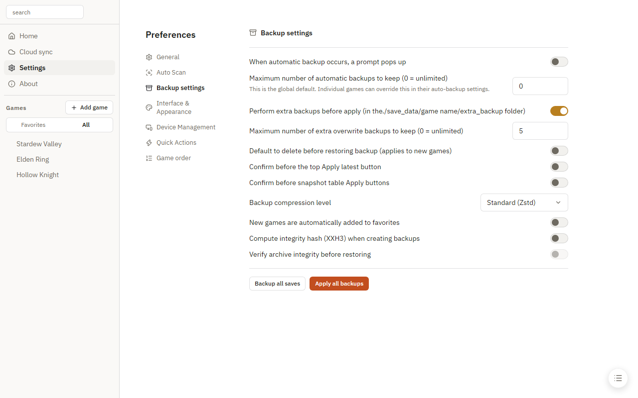 Backup settings